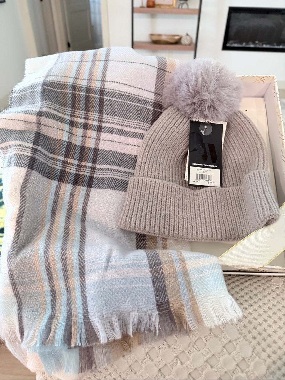 Apt. 9 Taupe Gray Knit Pom Beanie with Plaid Fringe Scarf